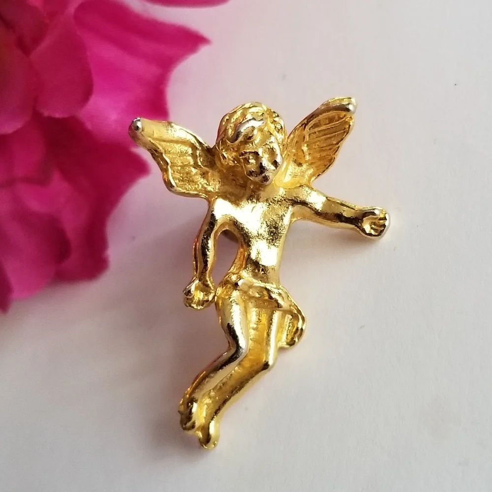 Relisted - Vintage angel brooch pin gold tone cherub on my shoulder religious - Picture 1 of 9